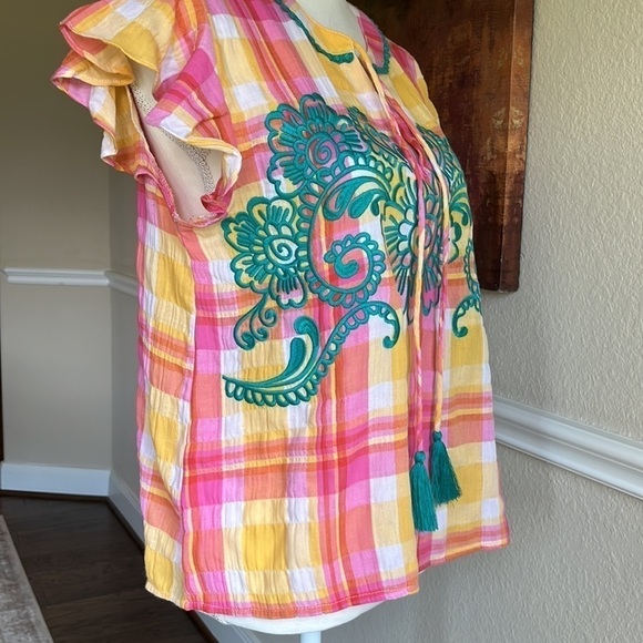 THML - Anthropologie Blouse Top Size S Teal Embroidered Top lightweight Colorful - Picture 8 of 16